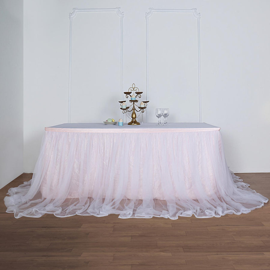 14 Feet Two Layered Table Skirt With Blush Rose Gold 30 Inch Satin Lining And 48 Inch Extra Long White Tulle
