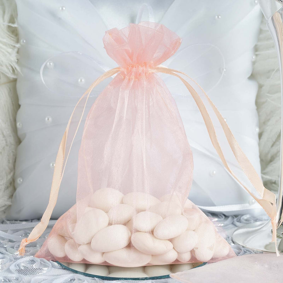 10 Pack | 5x7inch Blush/Rose Organza Drawstring Wedding Party Favor Gift Bags