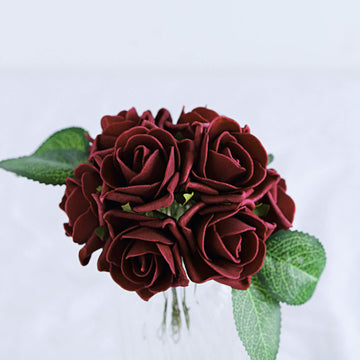 24 Roses Burgundy Artificial Foam Flowers With Stem Wire and Leaves 2"