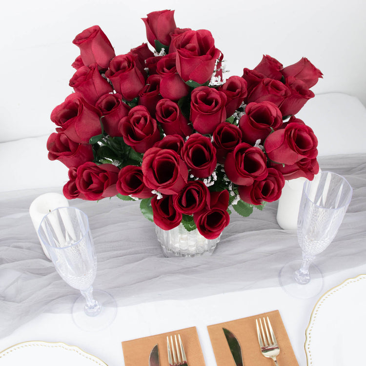Burgundy Flower Artificial Rose Bud Premium Silk Bouquets 12 Bushes