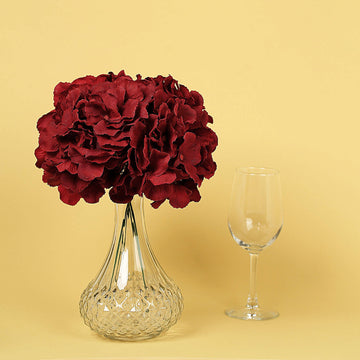 10 Flower Head and Stems | Burgundy Artificial Satin Hydrangeas, DIY Arrangement