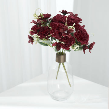 3 Pack Burgundy Artificial Silk Carnation Flower Bouquets, Faux Floral Arrangement Bushes 14"