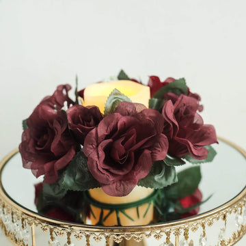 4 Pack Burgundy Artificial Silk Rose Flower Candle Ring Wreaths 3"