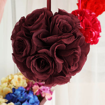 2 Pack | 7" Burgundy Artificial Silk Rose Kissing Ball, Flower Ball