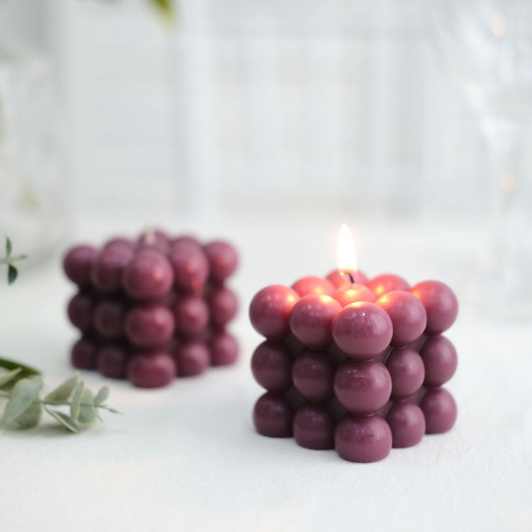 2 Pack Burgundy Bubble Cube Decorative Paraffin Wax Unscented Long Burning Pillar Candle Gift 2 Inch