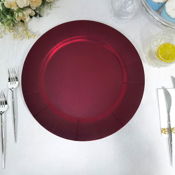 10 Pack Burgundy Disposable Charger Plates, Cardboard Serving Tray, Round with Leathery Texture 1100 GSM 13"