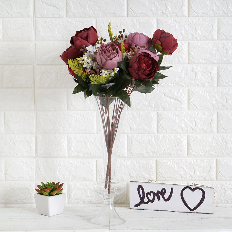 2 Bushes Silk Burgundy & Dusty Rose Artificial Peony Flower Bouquet Sprays#whtbkgd
