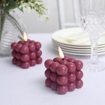 2 Pack Burgundy Flameless Decorative Bubble Candles, Warm White Flickering Battery Operated LED Cube Candles 2"