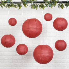 Set of 8 - Hanging Burgundy Paper Lanterns Round Assorted Size - 6", 8", 10", 14"