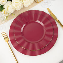 Pack Of 10 Burgundy Hard Plastic Dinner Plates With Gold Ruffled Rim Design 9 Inch 