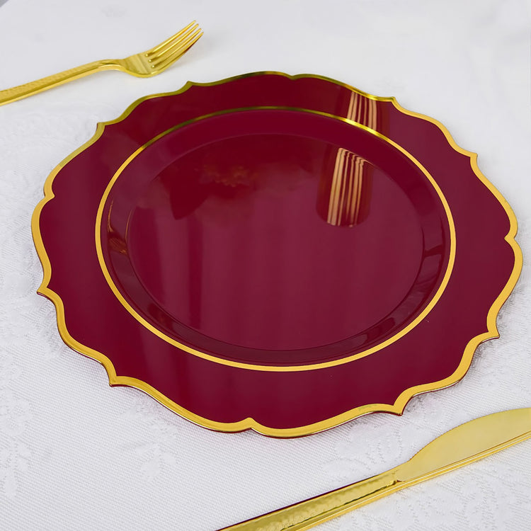 10 Pack 10 Inch Burgundy Plastic Disposable Round Dessert Plates with Gold Scalloped Rim