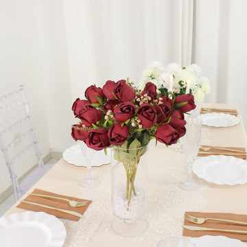 3 Pack Burgundy Real Touch Artificial Rose Bud Flower Bridal Bouquets, Silk Floral Bush Arrangements 13"