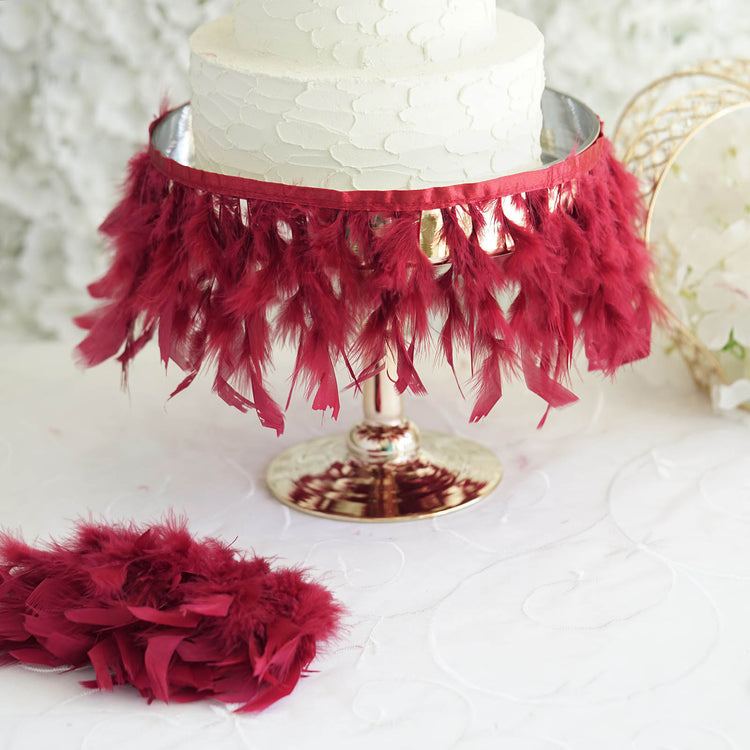 39 Inch Burgundy Real Turkey Feather Fringe Trim with Satin Ribbon Tape