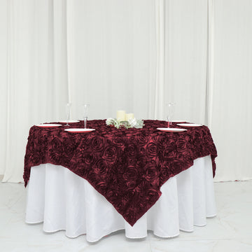 Elevate Your Event with the Burgundy 3D Rosette Satin Square Table Overlay
