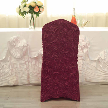 Burgundy Satin Rosette Spandex Stretch Banquet Chair Cover, Fitted Chair Cover