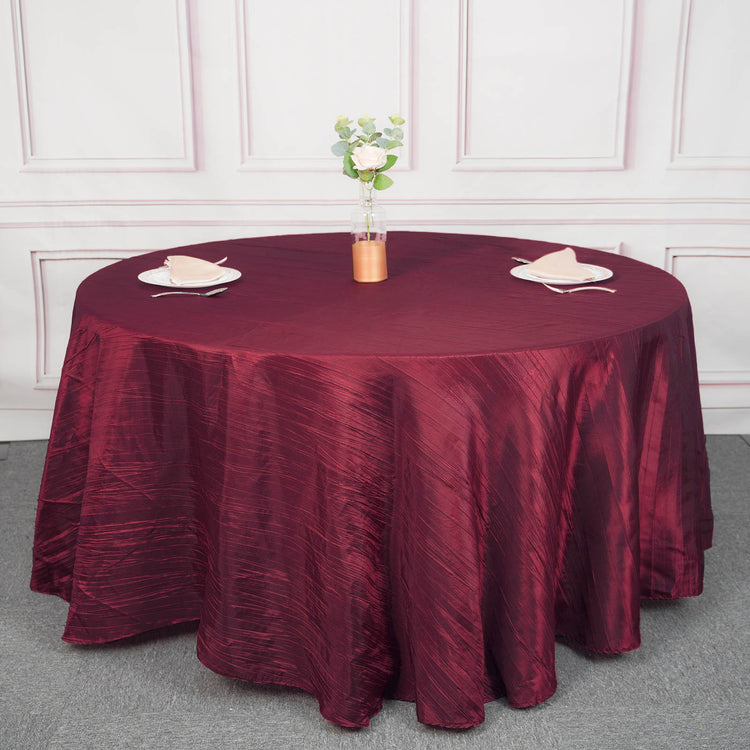 120 Inch Burgundy Accordion Crinkle Taffeta Fabric Round Tablecloth