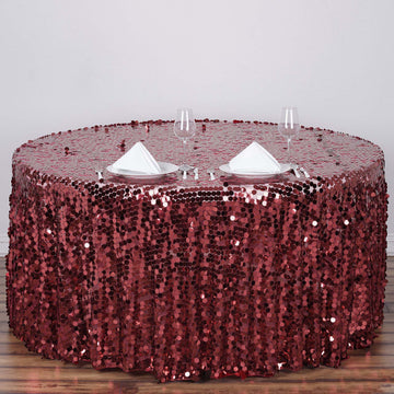 Transform Your Tables with the Burgundy Seamless Big Payette Sequin Round Tablecloth