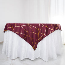 54 Inch x 54 Inch Burgundy Polyester Square Table Overlay With Gold Foil Geometric Pattern