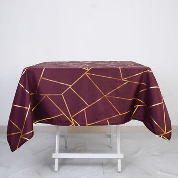 Burgundy Seamless Polyester Square Tablecloth With Gold Foil Geometric Pattern 54"x54"