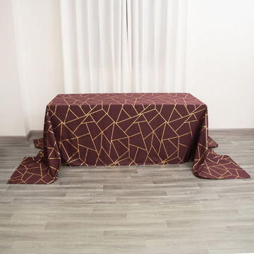 Burgundy Seamless Rectangle Polyester Tablecloth With Gold Foil Geometric Pattern 90"x156"