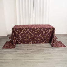 90 Inch x 156 Inch Polyester Burgundy Rectangle Tablecloth With Gold Foil Geometric Pattern