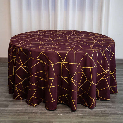 Burgundy Seamless Round Polyester Tablecloth With Gold Foil Geometric Pattern 120" for 5 Foot Table With Floor-Length Drop