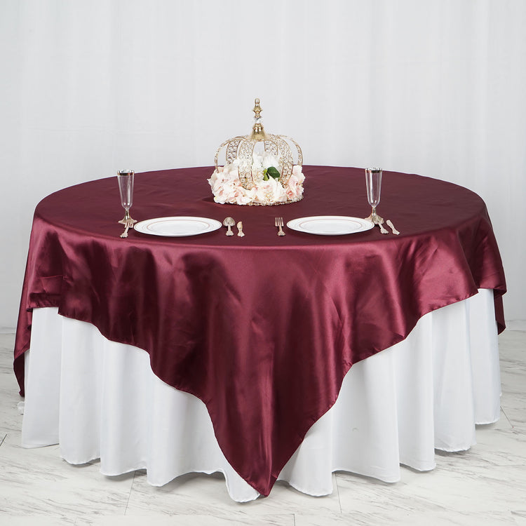 90 Inch x 90 Inch Burgundy Seamless Satin Square Tablecloth Overlay