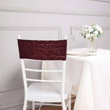 5 Pack Burgundy Sequin Spandex Chair Sashes, Stretch Fitted Chair Sashes 6"x15"