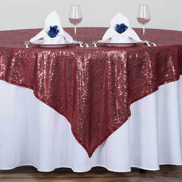 Burgundy Sequin Sparkly Square Table Overlay 72"x72"
