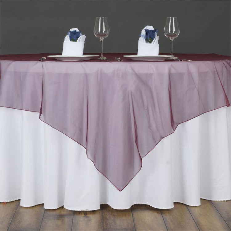 60 Inch Burgundy Square Sheer Organza Table Overlay#whtbkgd