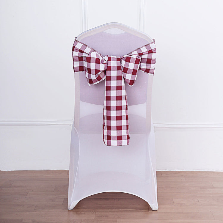 5 Pieces White And Burgundy Chair Sashes Buffalo Plaid Checkered Polyester