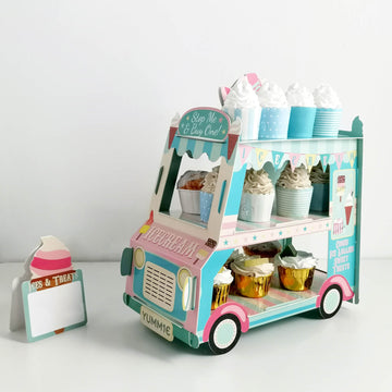 Blue and Pink 3-Tier Ice Cream Truck Cardboard Cupcake Dessert Stand Tower