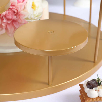 Gold dessert stand with a circular top and elegant design for showcasing treats.