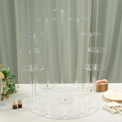 Clear acrylic cupcake stand with multiple tiers for elegant display.