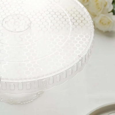 Clear acrylic cake stand with honeycomb design and scalloped edge