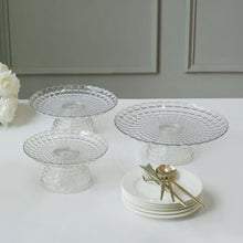 Set of 3 Clear Plastic Pressed Glass Pattern Cupcake Stands in 8 Inch 10 Inch 12 Inch