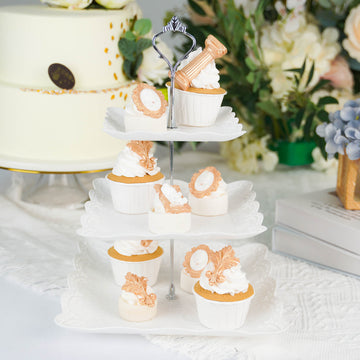 Make a Statement with the 3-Tier White/Silver Floral Print Cupcake Stand