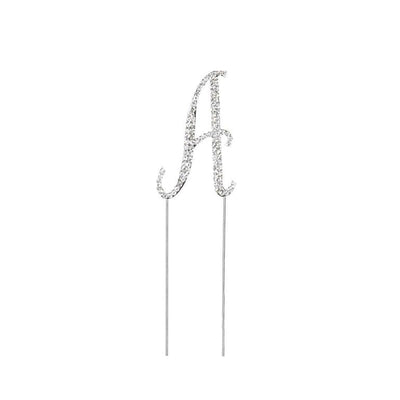 Silver letter A cake topper with sparkling rhinestones