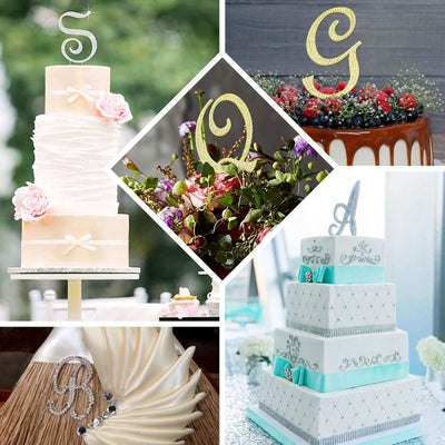 Decorative cake toppers featuring letters S, G, and B in various styles and designs.