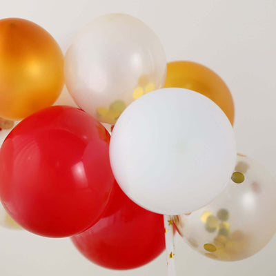 Colorful party balloons in red, white, gold, and transparent styles.