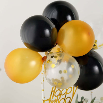 Black and gold birthday balloons with confetti accents