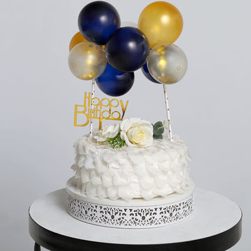 Elevate Your Event Decor with the Clear, Gold, and Navy Blue Confetti Balloon Cake Topper Kit