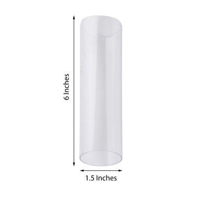 Clear plastic tube, 6 inches tall and 1.5 inches wide.