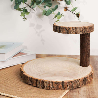 Wooden cake stand with natural bark finish and two tiers.