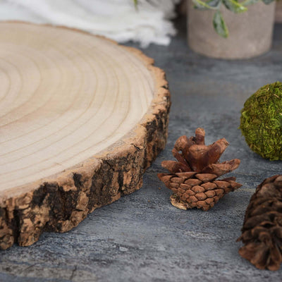 Natural wooden slice with pinecones and decorative moss ball on a textured surface.
