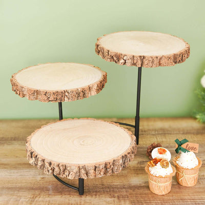 Three-tiered wooden display stand with natural bark edges and black metal support.
