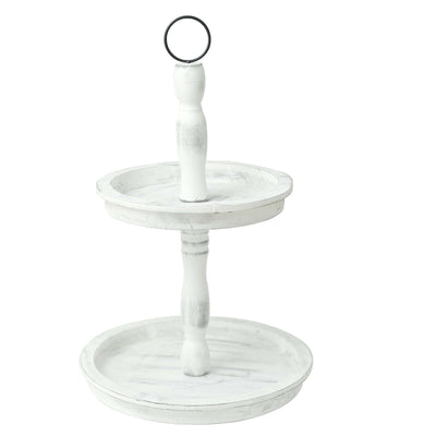 Two-tiered white serving stand with a ring handle