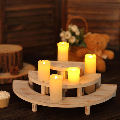 Wooden candle holder with LED candles, cozy decor for home ambiance.