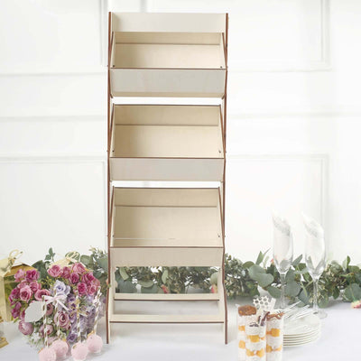 Wooden display stand with multiple tiers for organizing items.