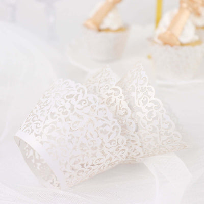 White lace cupcake wrappers for elegant dessert presentation